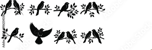 Black Bird Silhouette Set with Perched Sparrows on Branches and Flying Bird, Romantic Couple Pairs, Nature Vintage Vector Icons