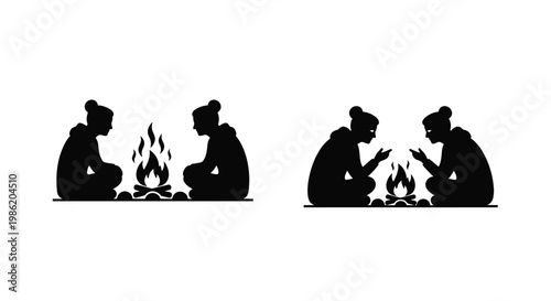 People gathered around a campfire a striking black silhouette
