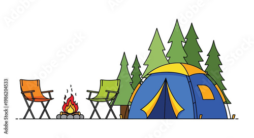 Tableau sur toile A colorful illustration depicts a campsite with a tent campfire and chairs rende