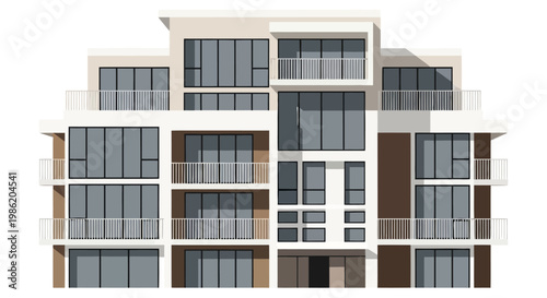 Modern apartment building exterior in neutral tones with large windows and balconies in daytime for real estate