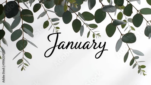 Elegant January Calendar Intro with Eucalyptus Leaves Framing the Top on a White Background for Seasonal Greetings and Social Media Content.