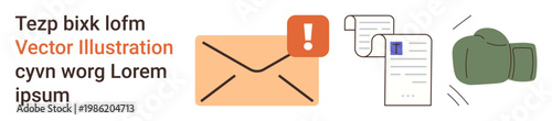 Email communication, data management, alerts, notifications, digital correspondence, documentation. Envelope with warning symbol, documents and messages. Email communication and data management