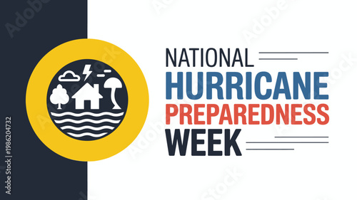 National Hurricane Preparedness Week Banner with Emergency Icons of Storm House Tree and Evacuation Planning for Safety Guides