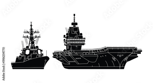 A stark depiction of a naval fleet showcasing a destroyer and aircraft carrier in a black silhouette high quality professional detailed