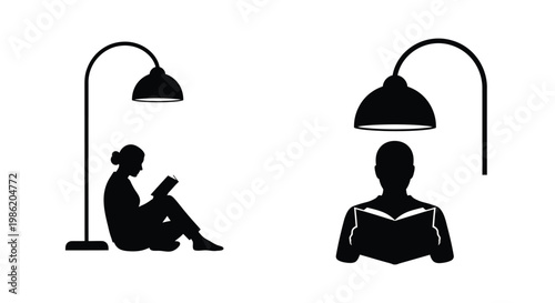 Two people reading under lamps a striking black silhouette