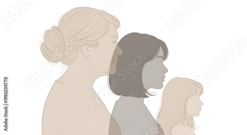 Generational women, female aging process, three different age stages of women, life cycle evolution, family lineage and heritage