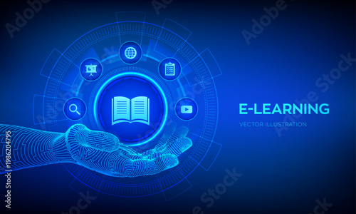 A futuristic digital illustration of e-learning concept with hand holding online education icons and virtual interface, representing innovative technology for online courses and digital knowledge.