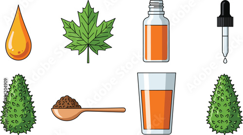 Cannabis Product Vector Collection Featuring Leaf, Bud, Oil, Dropper, Powder, and Drink for Herbal Design Themes