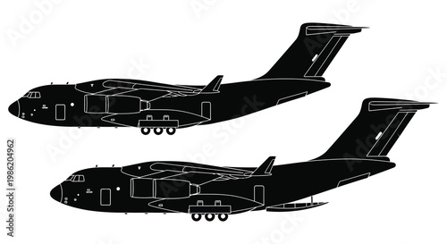 Schilderij op canvas Detailed side view of a large military transport aircraft depicted in a striking