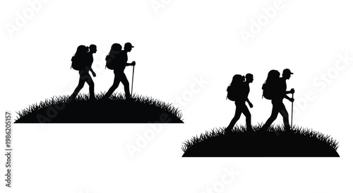 Hikers walking with backpacks on grassy terrain a striking silhouette
