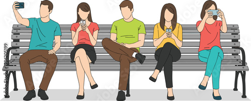 People sitting on park bench using smartphones, social media addiction concept, modern lifestyle illustration with distracted individuals ignoring surroundings