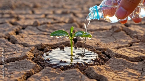 Hope in the Desert with a hand pouring water on a green sprout in cracked dry soil for environmental awareness and climate change campaigns.