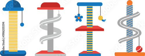 Cat Scratching Post Vector Collection Featuring Platforms, Toys, Spiral Designs, and Play Structures for Pet Furniture