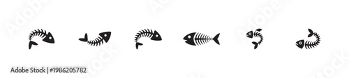 Quadro em tela Curved fish bone skeleton vector illustrations set of dead aquatic life symbols