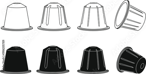 Coffee Capsule Vector Collection Featuring Outline and Solid Pod Designs for Beverage Packaging and Branding Themes