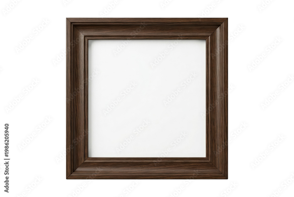 Fototapeta premium Empty square dark brown wooden picture frame with white mat for mockup. Isolated on transparent background, png