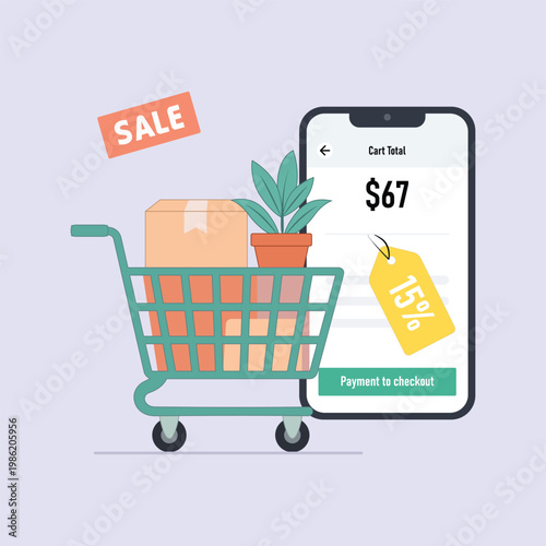 Digital Cart Delight: A whimsical digital illustration showcases a shopping cart brimming with carefully selected items, a sale tag hinting at savings.