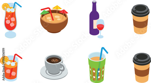 Colorful Beverage Vector Collection Featuring Cocktails, Coconut Drinks, Wine, Coffee Cups, and Refreshing Cold Drink Designs