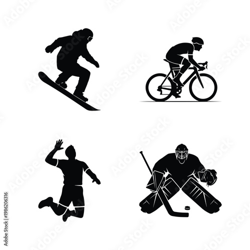 Action sports icons collection including snowboarding cycling volleyball and ice hockey