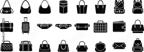 Comprehensive Bag Silhouette Vector Collection Featuring Handbags, Backpacks, Suitcases, Briefcases, Wallets, and Fashion Accessories