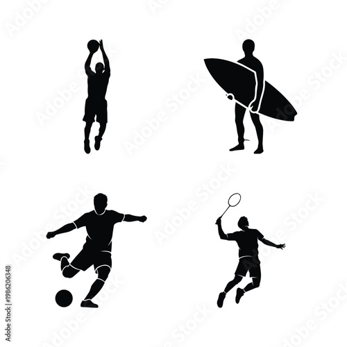 Athletic sports silhouette set featuring basketball surfing soccer and badminton players