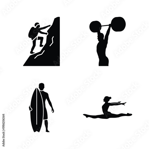 Black silhouette collection of extreme sports athlete climbing weightlifting and surfing