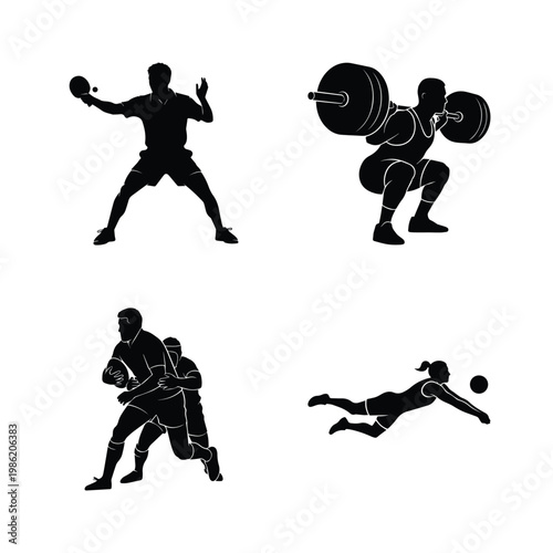 Competitive sports athletes silhouettes showing table tennis squatting rugby and volleyball