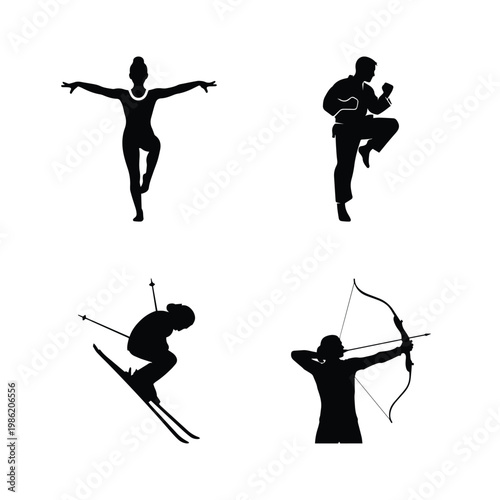 Gymnast dancer boxer skier archer athletes performing various sports and activities silhouette