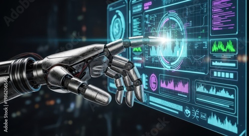 Artificial intelligence concept with robotic hand touching digital interface, futuristic 3d render illustration
