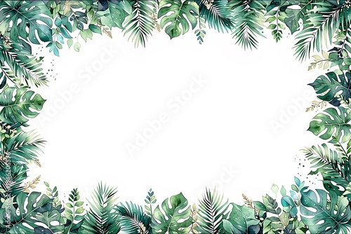 Watercolor tropical leaf frame with blank center for text. Green jungle foliage border illustration. Botanical design element for greeting card, invitation, wedding, and event decor.