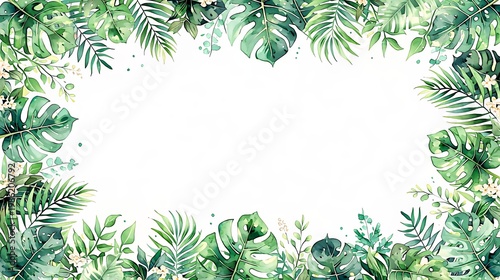 Watercolor frame with green tropical palm leaves and exotic flower on white background. Botanical border with monstera foliage. Summer nature concept for wedding card invitation design.