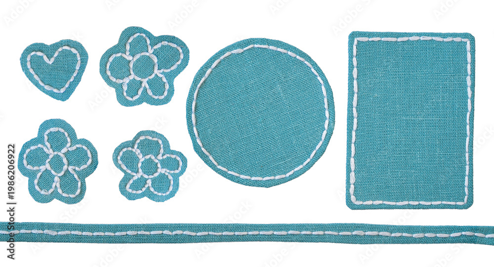 Obraz premium Set of handmade blue fabric patches and labels with white stitching. Scrapbook design elements isolated on white.