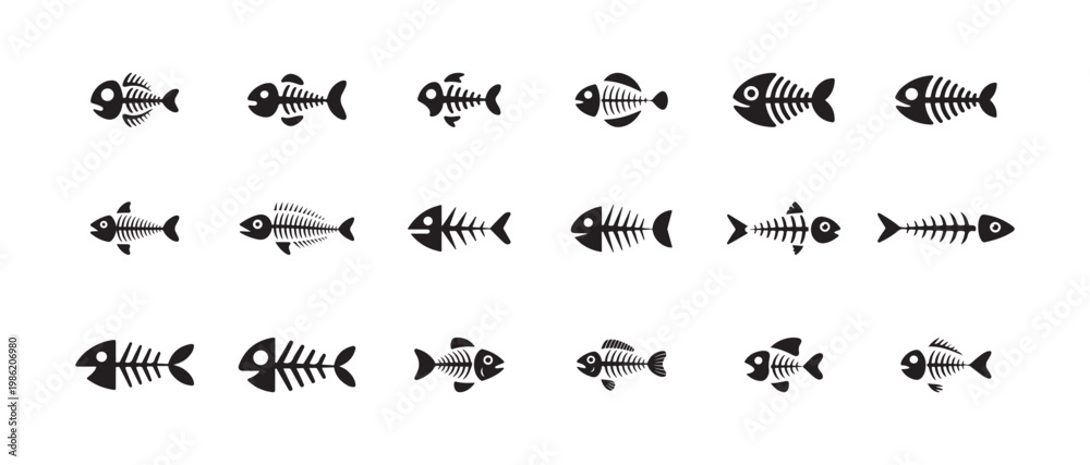 Fototapeta premium Group of black fish bone vector illustrations on white backdrop graphic art