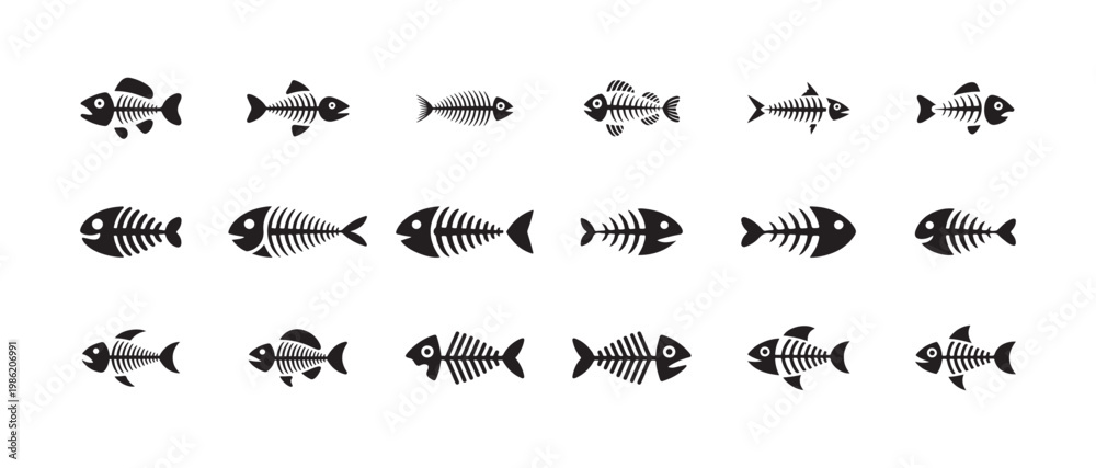 Fototapeta premium Various fish skeleton icons arranged on a white canvas vector design