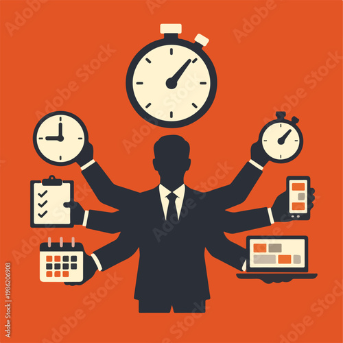 Time Management and Productivity Concept with Multitasking Business Person Handling Tasks, Calendar, Clock, and Workflow Tools