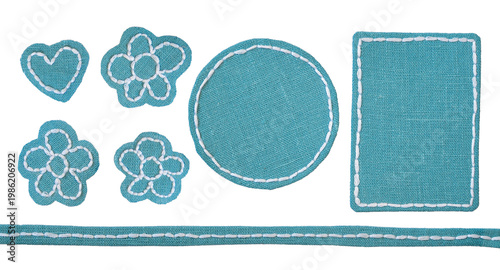 Bild auf Leinwand Set of handmade blue fabric patches and labels with white stitching
