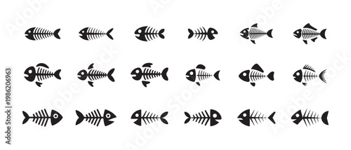Collection of assorted fish skeletons in black isolated on white background vector art