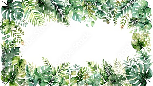 Watercolor tropical leaf frame with exotic jungle foliage. Border of lush monstera and palm fronds isolated on white background. Botanical design element for wedding card decoration.
