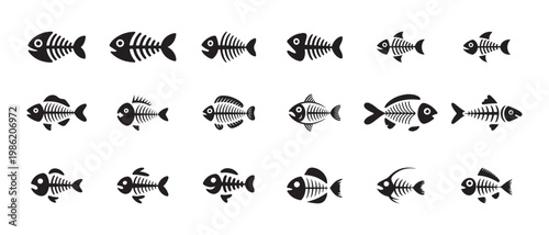 Set of various black fish bone outlines on white background vector illustration