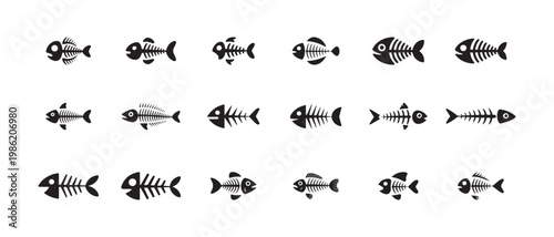 Group of black fish bone vector illustrations on white backdrop graphic art