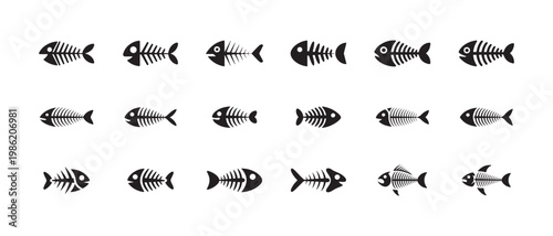Vector pack of diverse fish skeleton icons on plain white background artwork