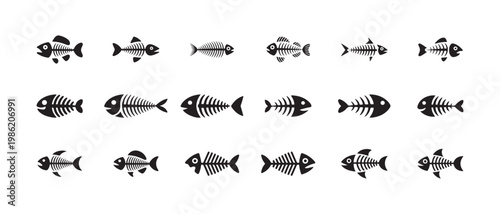 Various fish skeleton icons arranged on a white canvas vector design