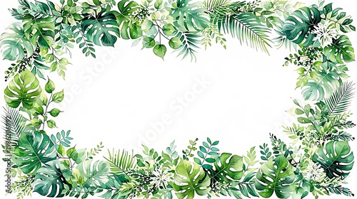 Green tropical leaf frame with exotic foliage. Floral border design with monstera and palm leaves. Botanical background element for wedding invitation or greeting card template.
