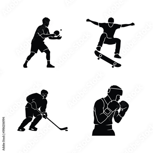 Table tennis player skateboarder hockey player boxer athletes in action silhouette
