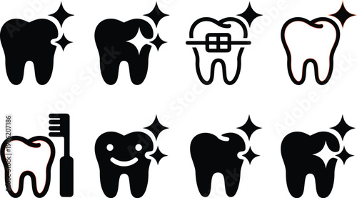 Dental icons set, black and white tooth vector collection with sparkle clean teeth braces toothbrush minimal design isolated on white background