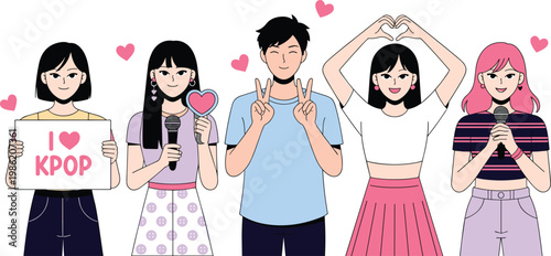 K-pop fans and idols group with young people singing holding I love K-pop sign and making heart gestures for Korean music culture vector 