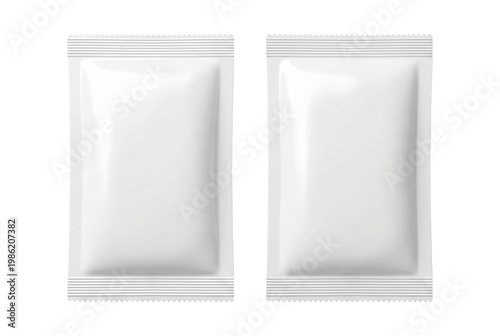 Two blank white sachets for food, cosmetic or medicine packaging. Isolated on transparent background, png
