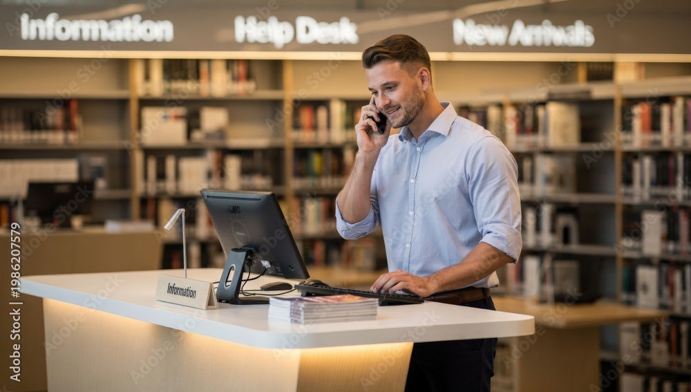 Obraz premium A man working at a help desk in a library, speaking on the phone and using a computer to assist customers with queries and provide information.