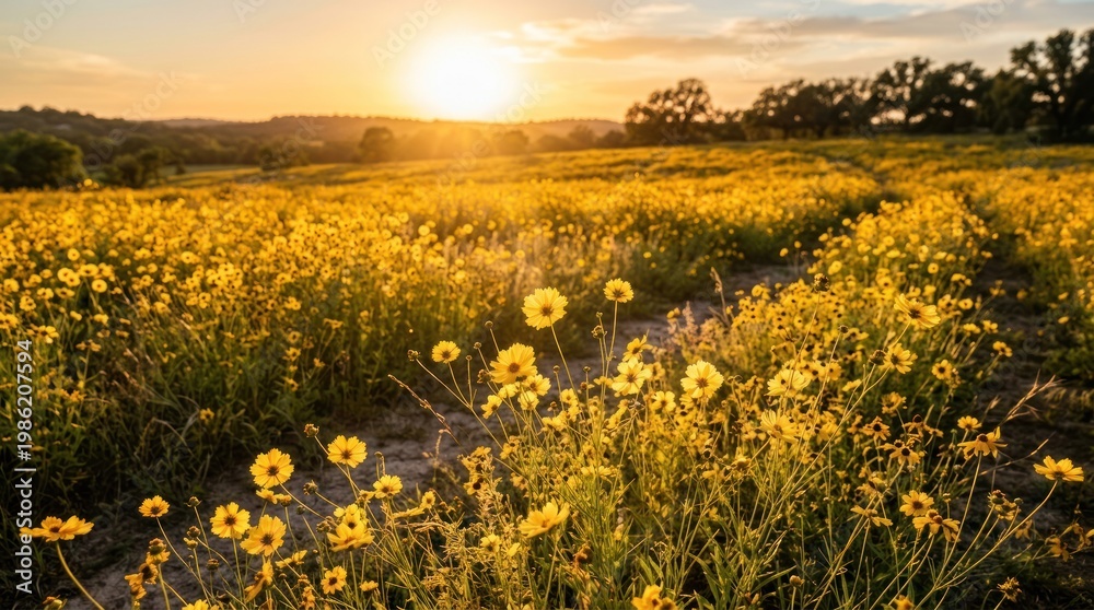 Obraz premium The sun sets over a vast field of yellow wildflowers. The golden light illuminates the landscape, creating a warm and serene atmosphere.