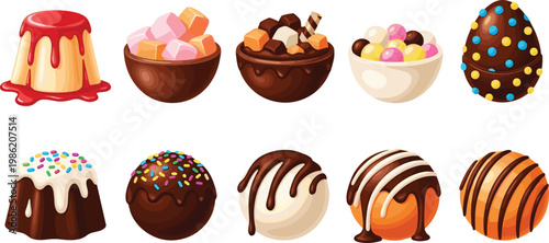 Gourmet Chocolate and Sweet Dessert Icon Set Featuring Puddings Truffles Candy and Confectionery Treats for Bakery Menus and Digital Food